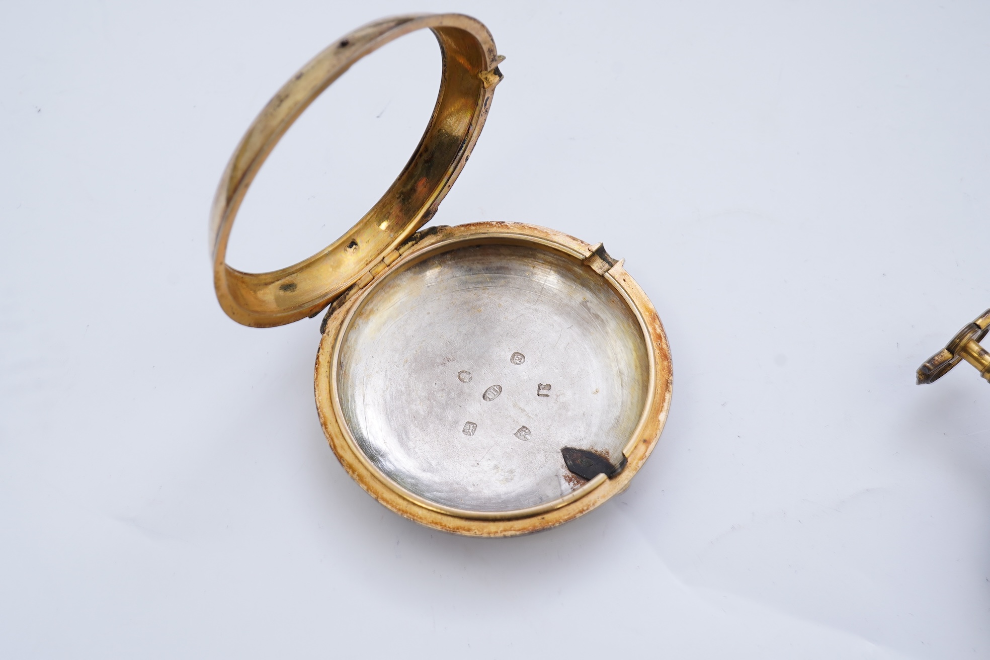 A George III silver gilt pair cased rack lever keywind pocket watch by P. Litherland & Co, Liverpool, with Roman dial and subsidiary seconds (hand missing)